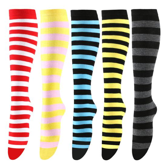 Women Striped Knee-high Socks Colorful Stretchy Knee-length Socks Ribbed Leg Warmers for Costume Party Street Daily Wear