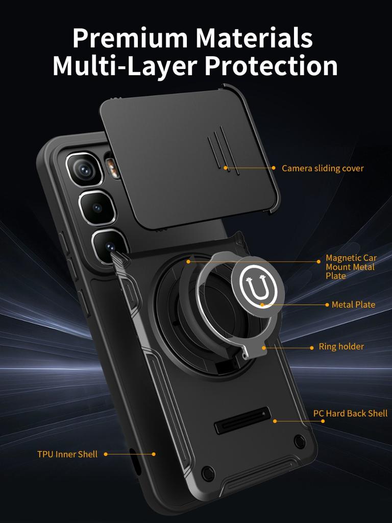 Magnetic 360° Ring Kickstand Phone Case with Slide Camera Lens Cover For Infinix Note 50 Pro 4G Hot 60i 60 50 Pro+ Smart 10 9 HD