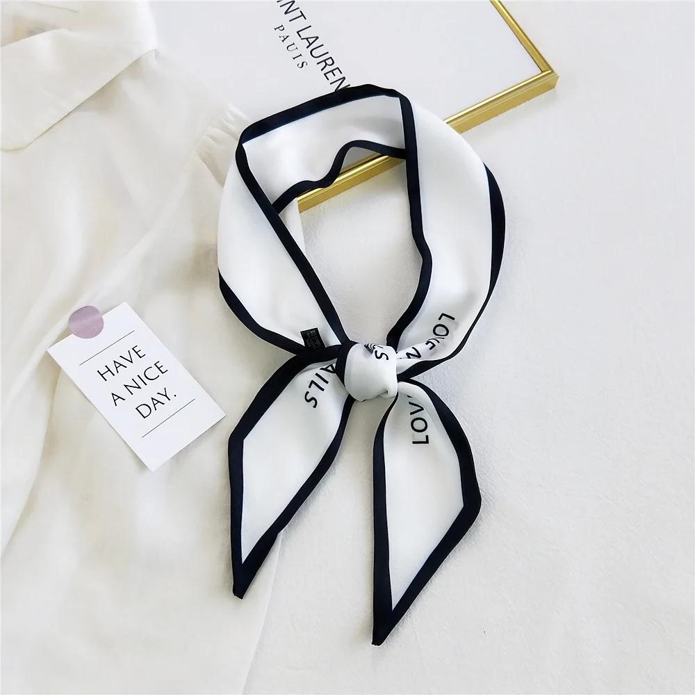Fashion Women Hair Scarf French Elegant Narrow Long Scarf Satin Silk Bow Tie Letter Print Bag Ribbon Headband Scarves