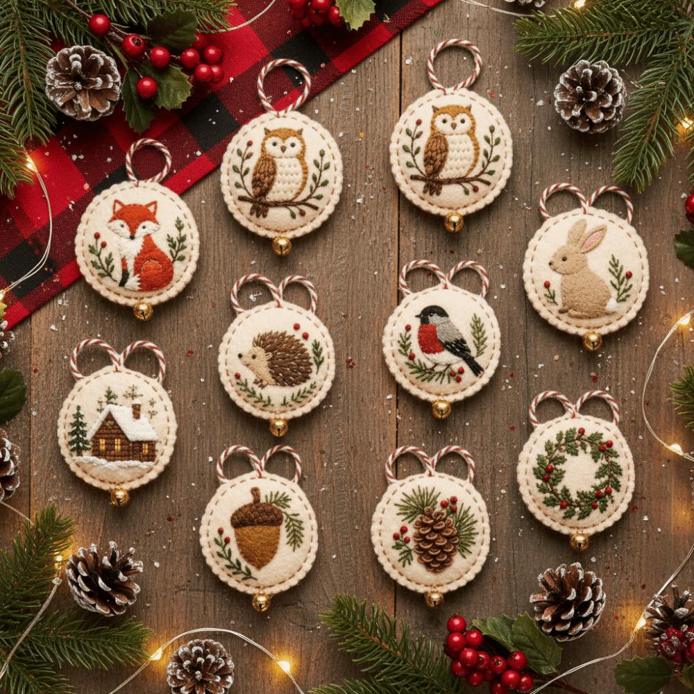 Kit de Ornamento de Natal Bordado em Feltro DIY Redondo Kit de Artesanato para Bordado de Natal em Feltro Pré-cortado Presente