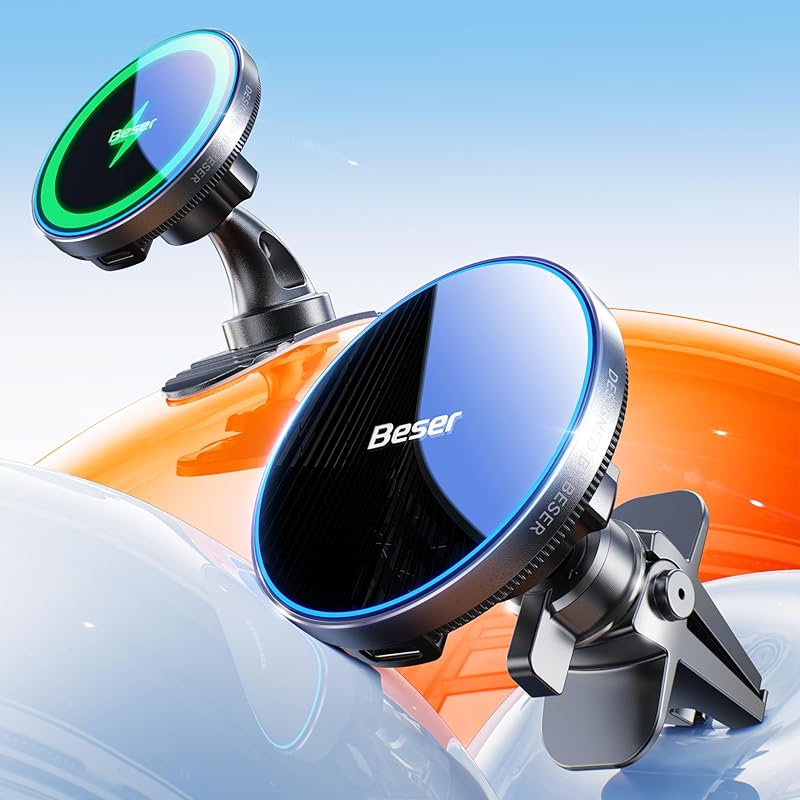 Beser for MagSafe Car Charger Mount, 15W Magnetic Wireless Qi Charger & Phone Holder, Dashboard/Vent Mount for iPhone 16/15/14/13/12 Mini Pro Max,