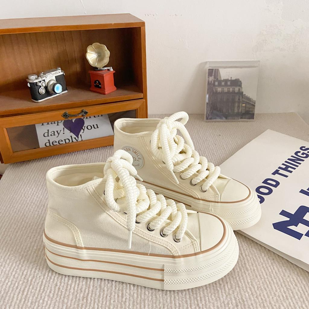 H1292 2024 Spring Festival New Thick-soled High-top Canvas Shoes Women's Thin Niche Muffin Baseplate Shoes Little White Shoes