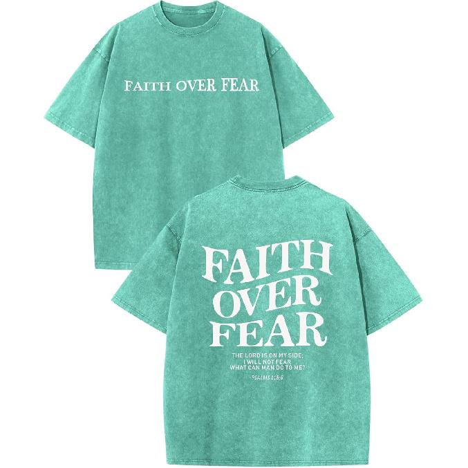 Christian Faith Over Fear Shirt for Men Jesus Religious Shirts Oversized Graphic Tees Acid Wash God T-Shirt