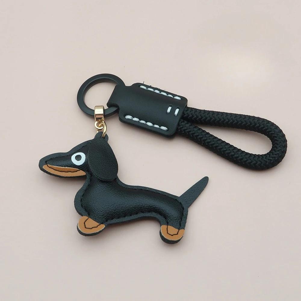 Custom Number Sausage Dog Leather Keychain Pendant Personalized Cartoon Keyring with Braid Rope Bag Car Key Ring