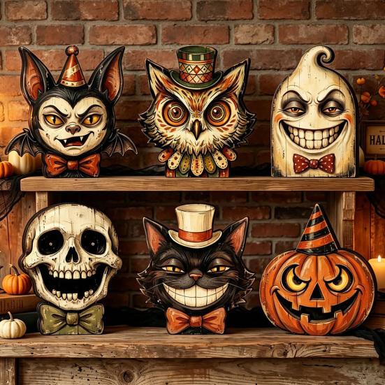 Halloween Gifts for Friends Wooden Ornaments, Retro Desktop Decorations Home Table Tiered Decorative Props Photography Tray Decor, Rustic