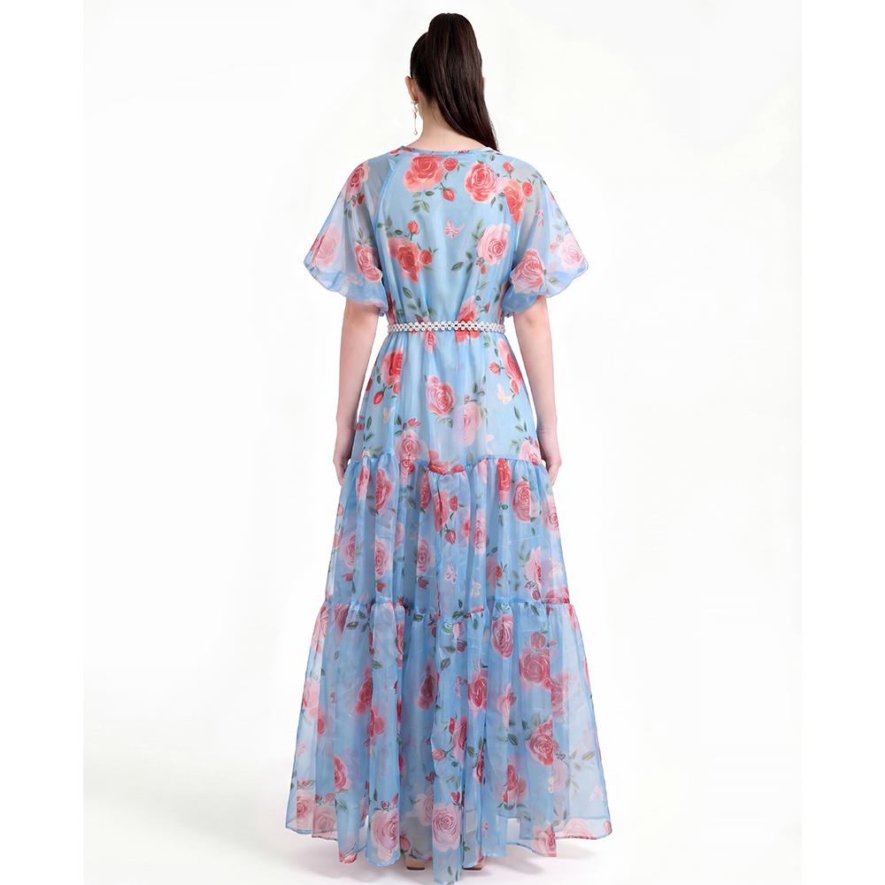Summer Holiday Vacation Flower Print Long Maxi Dress Bohemian O-neck Short Sleeve High Waisted Chiffon Party Dresses Casual Robe