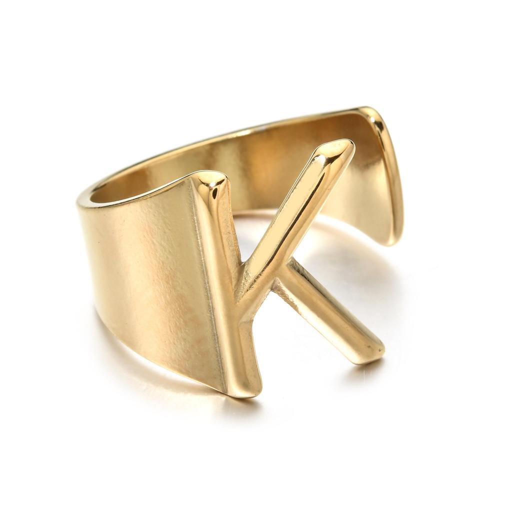 18K Gold Stainless Steel Letter Ring – Fashionable Open European & American Style, Women's Adjustable Titanium Steel Ring