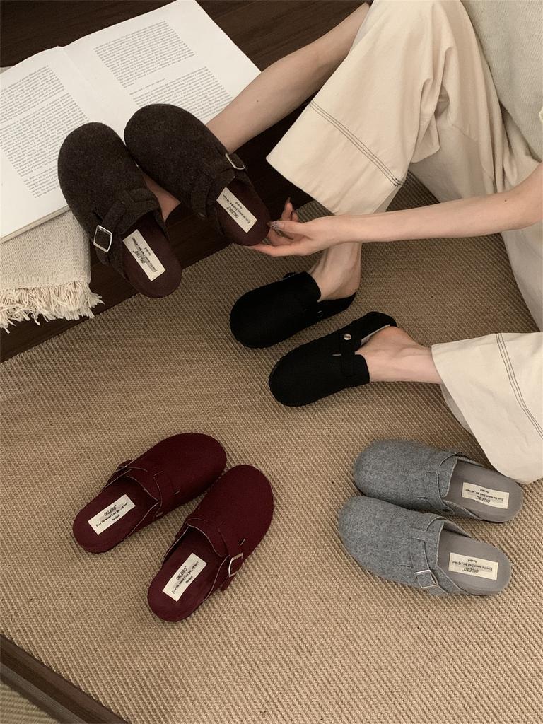 Thick-soled gray Birkenstock shoes for women's autumn and winter new Korean version niche retro Birkenstock one-pedal lazy bag head half slippers