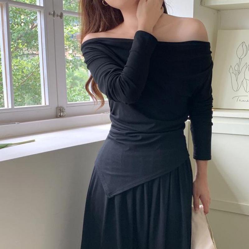 Women's Autumn Two-Piece Set: Irregular Off-Shoulder Long-Sleeve Top & High-Waisted Midi Skirt