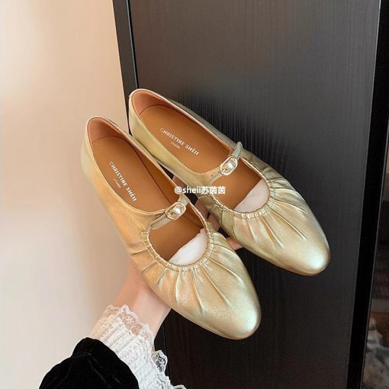 Round head silver pleated one-word buckle strap flat Mary Jane single shoes ballet shoes