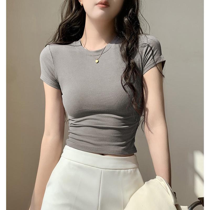 Summer New Thread Round Neck T-Shirts Women's Clothing Short Sleeved Tight Fit All-match Simplicity Korean Temperament Chic Tops