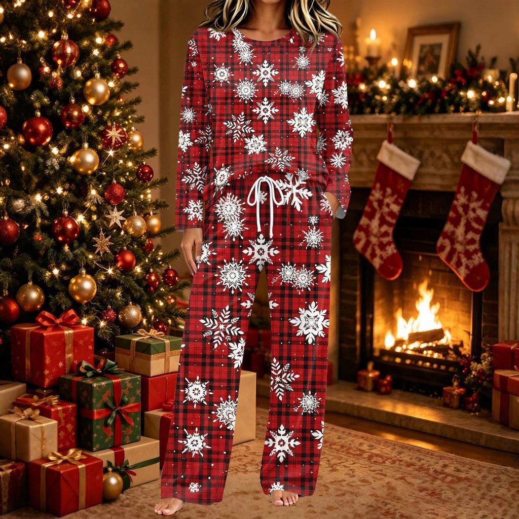 Women's Christmas Print Two Piece Set Long Sleeve Top with Pants Casual Outfit