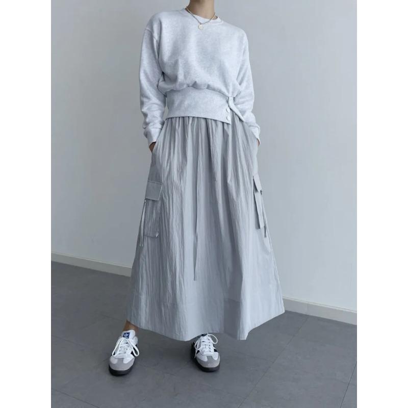 Sør-Korea elegant vårfarget retro allsidig elastisk midje snøring med store lommer design løst avslappet cargoskjørt for kvinner