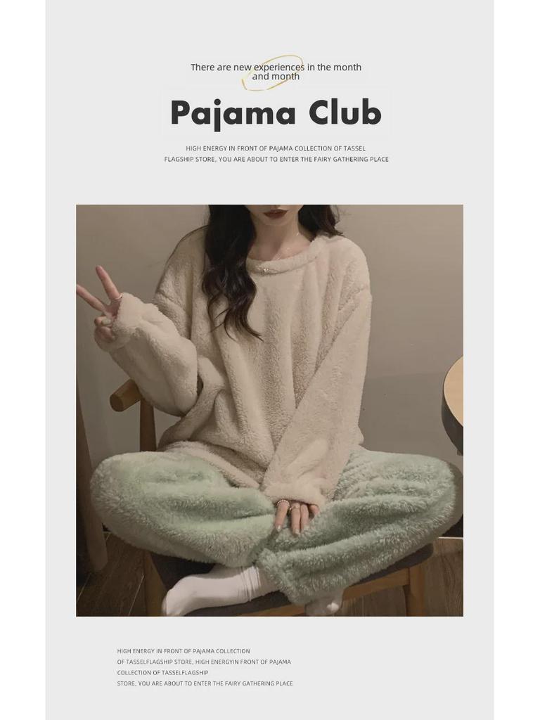 Women's Winter Plush Pajamas Set: Long-Sleeve, Solid Color, Thick Coral Fleece for Home or Outdoor Wear