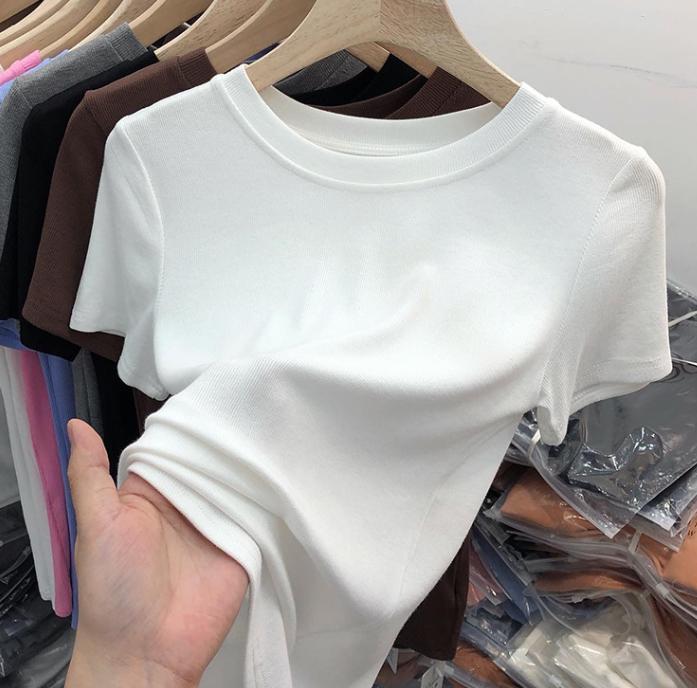 Letní tričko s krátkým rukávem Bílá trička Dámská Plus Size Slim Fit Vrchní oblečení s kulatým výstřihem Jednobarevné Měkké Pohodlné Tričko Tenké
