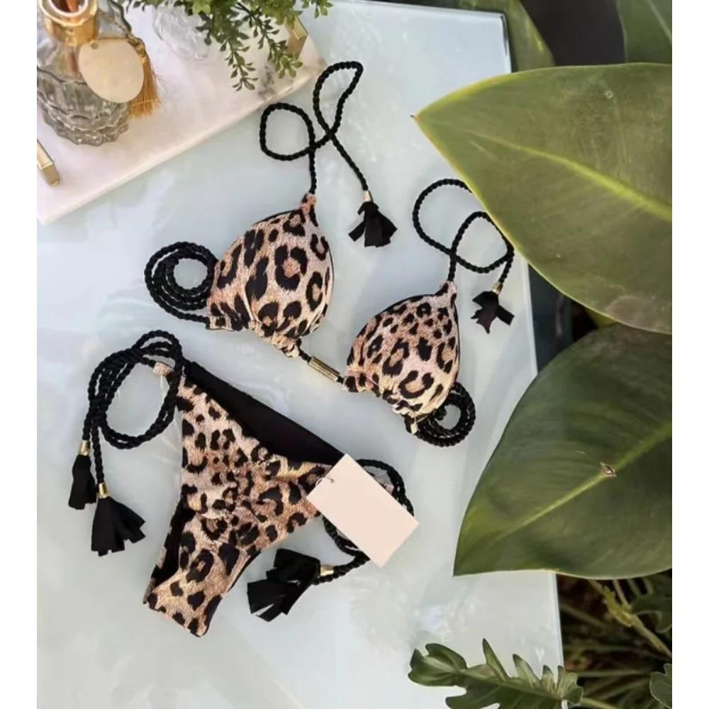 Seksowny Kostium Kąpielowy Bikini z Panterką i Wiązaniami Zestaw Trójkątny Kostium Kąpielowy Kostium Kąpielowy Push-Up Zestaw Bikini z Wiązaniami na Plaży Letni Strój Plażowy Kostium Kąpielowy Stringi