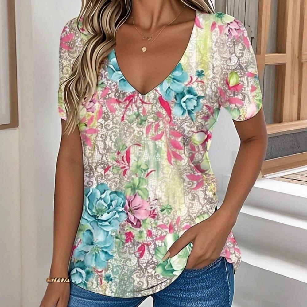 Women's V-neck T-shirt Summer Outdoor Fashion Short-sleeved Casual Top 3D Floral Pattern Women's Clothing