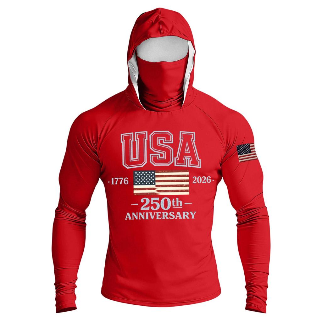 Men's Casual Raglan Sleeve Hooded Long Sleeve Sun Protection Shirt USA 250th Anniversary Graphic Lightweight Performance Top