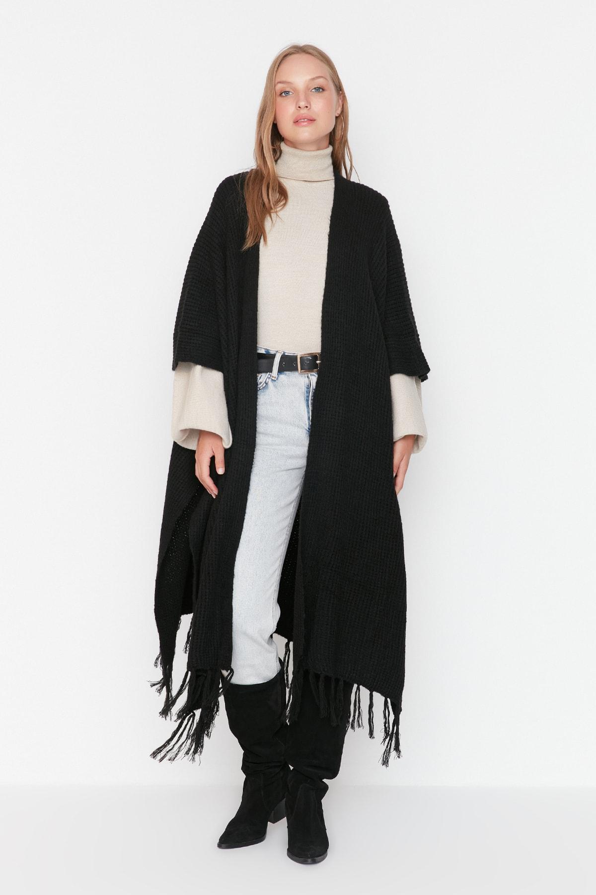 

Women s Fashion New Hijab Cardigan Black Hem Tasseled Long Knitwear Cardigan One Size коричневий