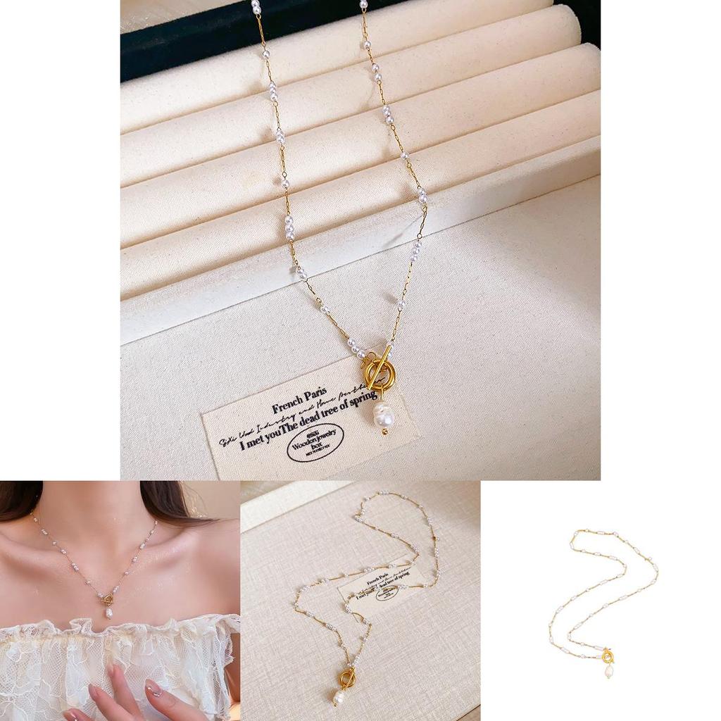 Titanium Steel Elegant Pearl Choker Chain With Geometric Shape For Ladies