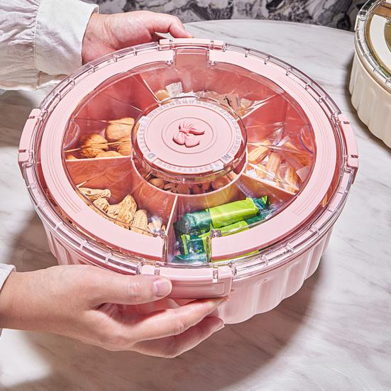 Dry Fruit Plate Rotating Snack Tray with Lid Handle 6-Compartment Divided Serving Platter Indoor Outdoor Dishwasher Safe Snack Server