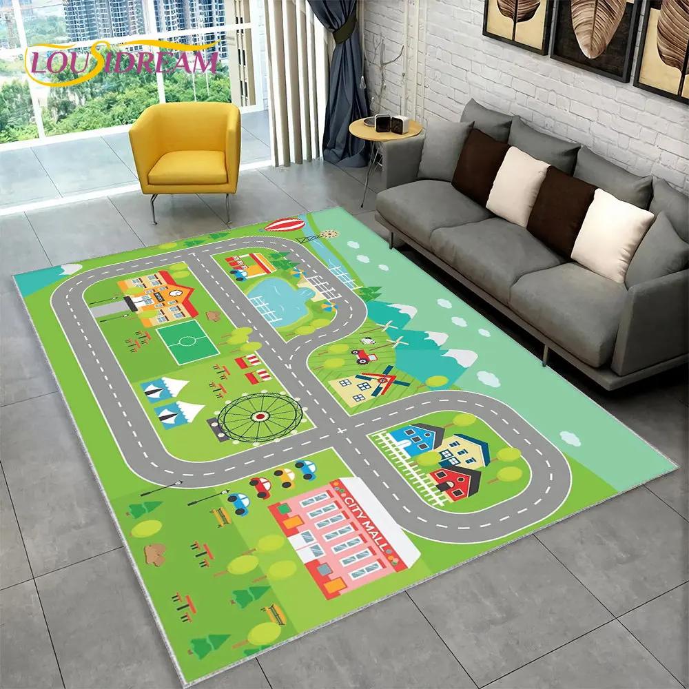 Highway City Traffic Cartoon Area Rug,Carpet Rug for Living Room Playroom Children's Bedroom Decor,Kid Game Non-slip Floor Mat