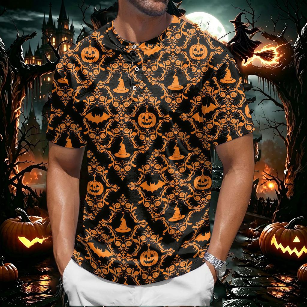 Men's Halloween Print Short Sleeve Henley Shirt Casual Button Up Top with Pumpkin Pattern Lightweight Breathable Fabric for Everyday Wear
