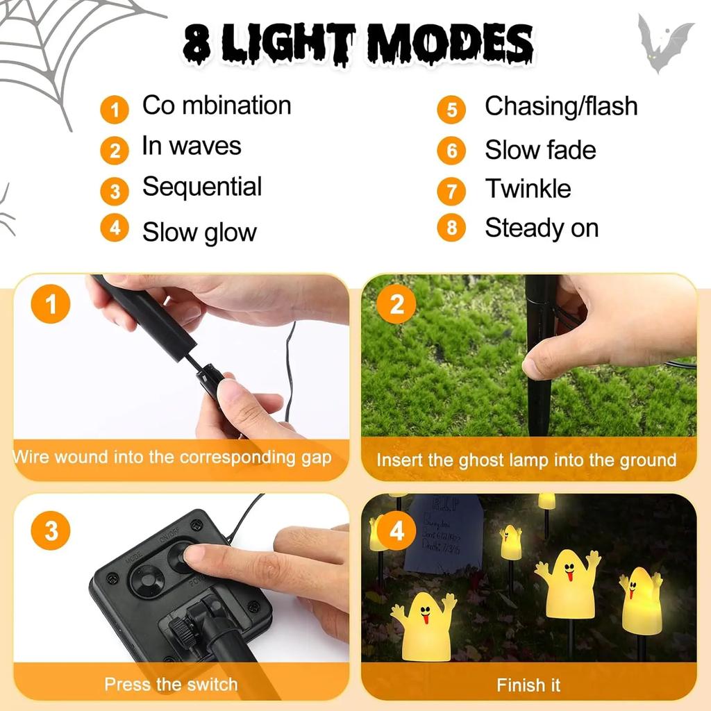 5 In 1 String Light Solar Halloween LED Outdoor Waterproof Ghost Stake Lights for Outdoor Pathway Yard Garden Decoration