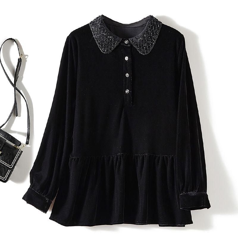 

Look at the Neckline Design! Elegant Female Long Sleeve Beaded Peter Pan Collar Pleuche Patchwork Shirt Fall and Winter Bandage Dress Outwear Black 4XL