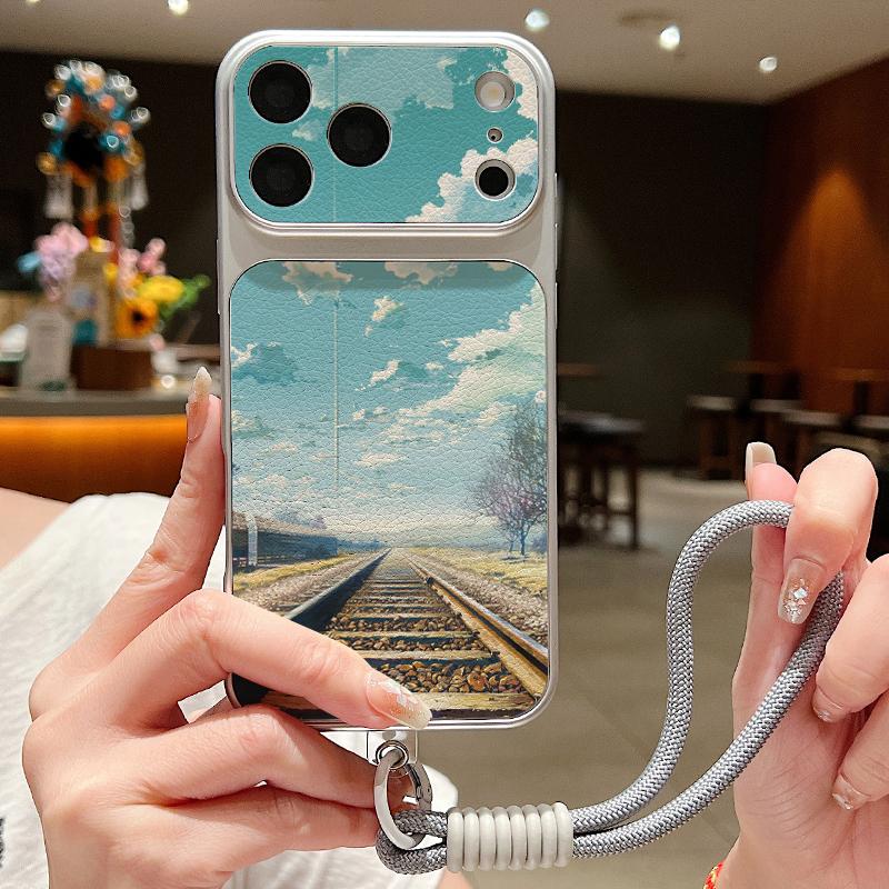 Mountain Road Print Leather Lanyard Case For iPhone 18 Pro Max 17 16 15 14 13 Pro Max Luxury Hybrid TPU+PU Anti-skid Soft Phone Cover