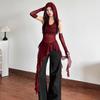 2025 Halloween Red Cowl Neck Hooded Ruffle T-shirt for Women