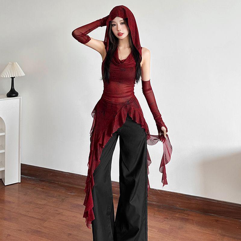 2025 Halloween Red Cowl Neck Hooded Ruffle T-shirt for Women