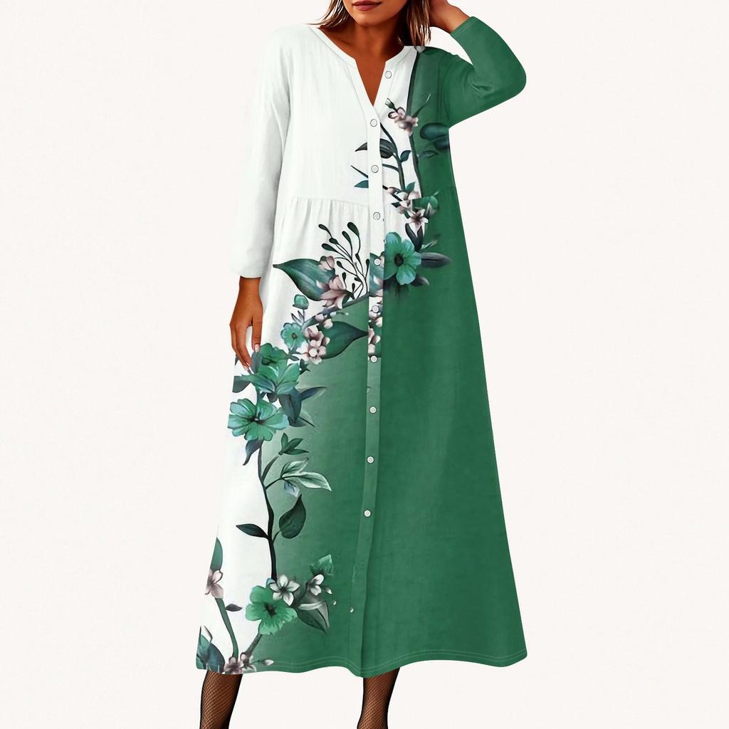 Women's Fashionable Printed Round Neck Seven Quarter Sleeve Button Loose Shirt Dress