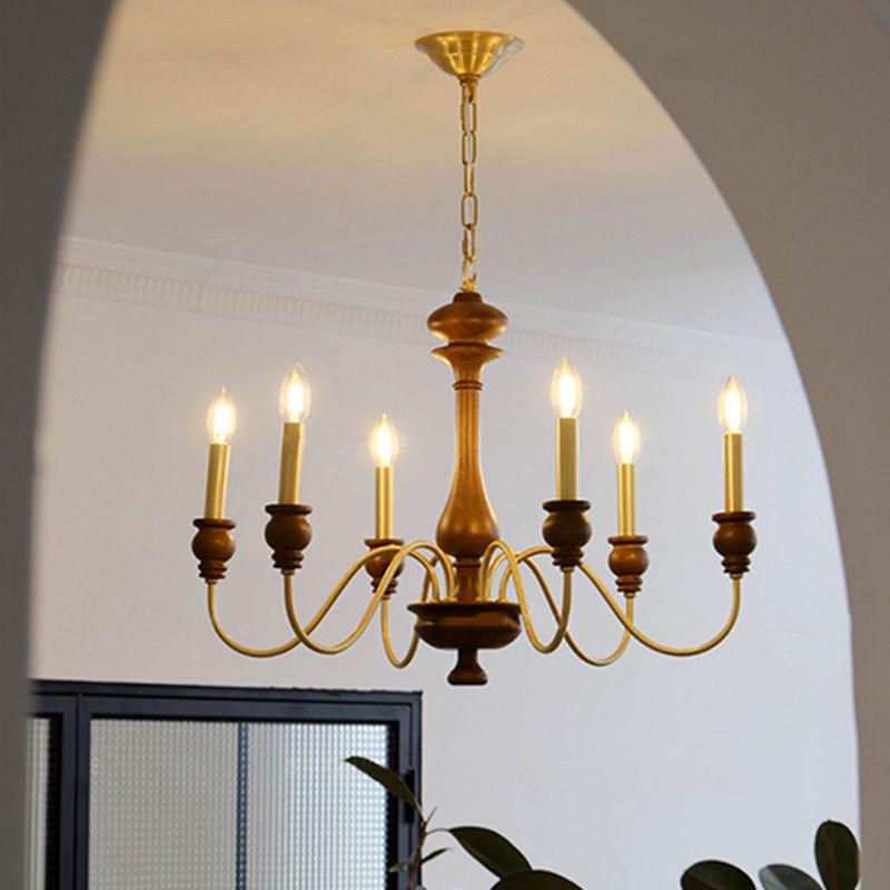 Mid-Century French Retro Candle Chandelier - Solid Wood, Ideal for Living Rooms, Dining Areas, and Bedrooms