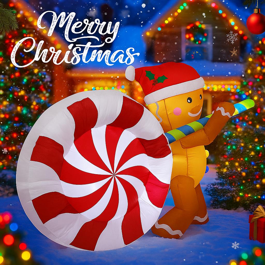 4.92FT Inflatable Gingerbread Man Candy Cane Toy LED Lit Festive Gift Xmas Yard Party Decoration Christmas Supplie Home Ornament