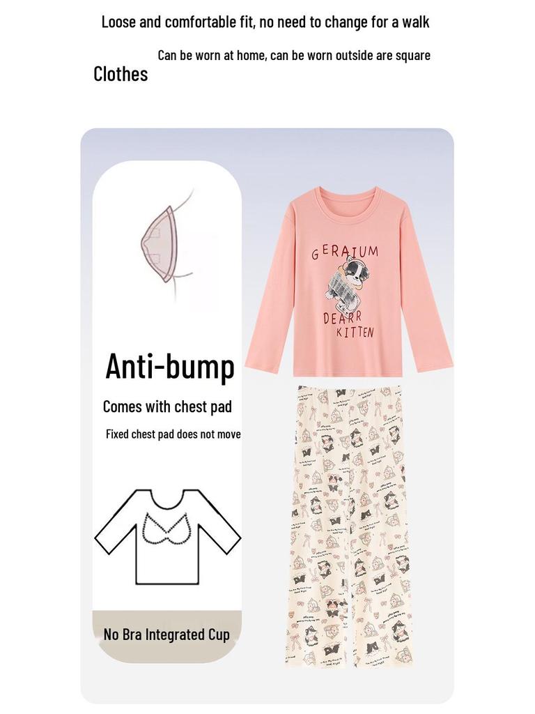 Womens Korean Style Cartoon Pajamas Set with Chest Pad - Long Sleeve, Cute Home Wear for Spring & Autumn (2025)