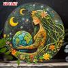 D Flat Pc Retro Earth Goddess Tin Sign Round Metal Wall Art with Sun Moon and Stars Frameless Aluminum Decor for Living
