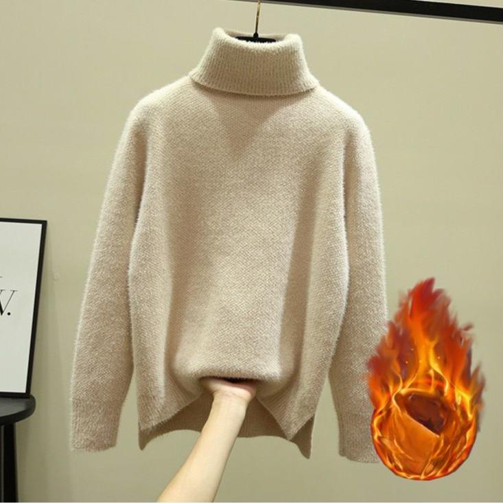 Winter Turtleneck  Thicken Sweater Women Casual Warm Plush Lining Knit Tops Add Velvet Bottomed Blue Pullover