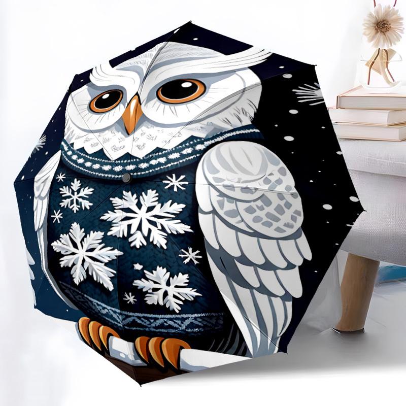 1pcOwl Winter Snowflake Automatic Folding Umbrella with 8 Bones, Portable 3-Fold Collapsible Compact Design On-the-Go Essential, Casual Outd