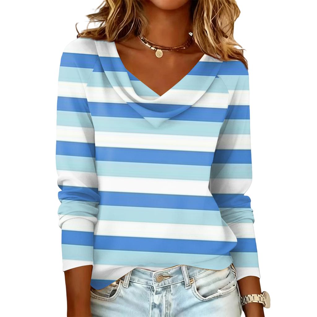 Ladies' Striped Printed Casual and Fashionable Long Sleeved Pullover Top