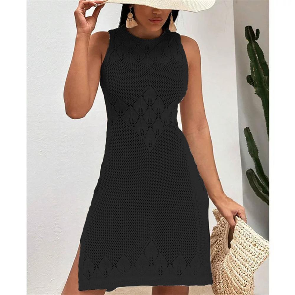 Summer Vacation Sexy Hollow Out O-neck Sleeveless Dress Solid Knitted Dress Elegant High Slit Dresses Beach Sunscreen Cover