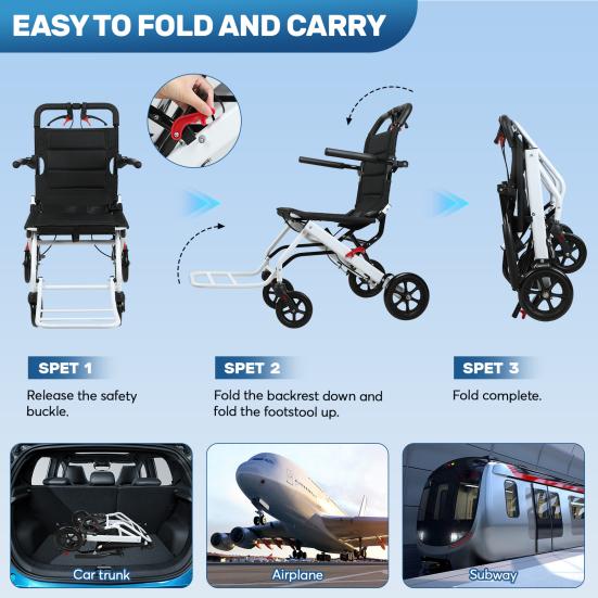 17.7 Inches Transport Wheelchair Lightweight Foldable Wheelchair Portable Aluminum Alloy Travel Wheelchair with Handlebar Brake Lever for Adults
