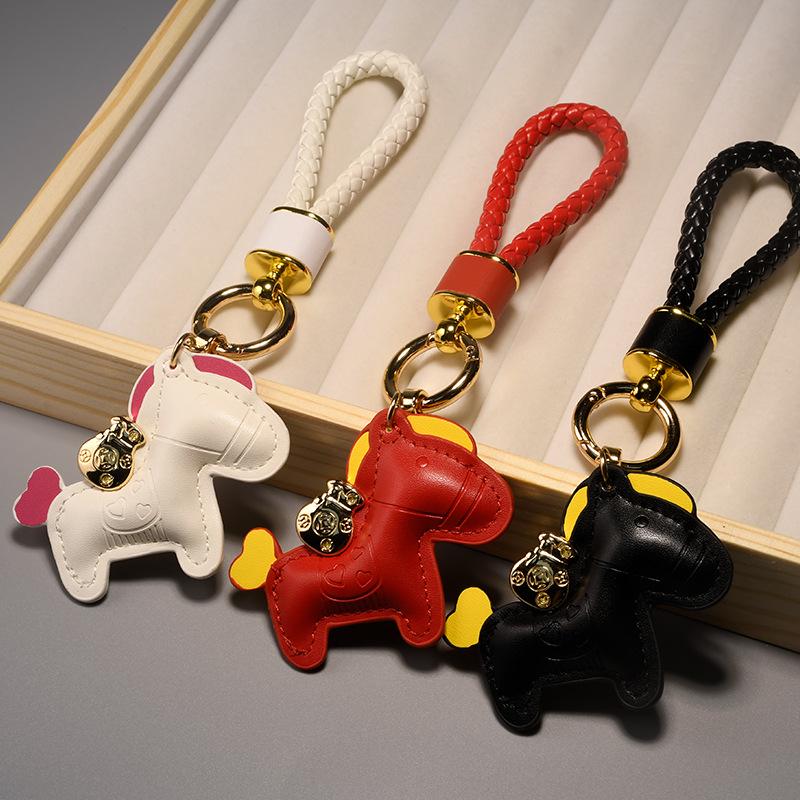 Trendy Leather Woven Rope 'Instant Wealth' Cartoon Keychain – Cute Car Key Accessory & Bag Pendant
