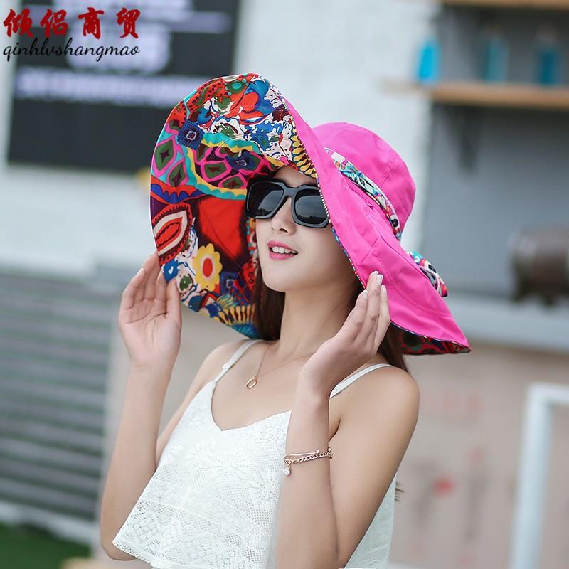 Korean version sun hat women's summer foldable large edge flower cloth hat sun hat double-sided super fire