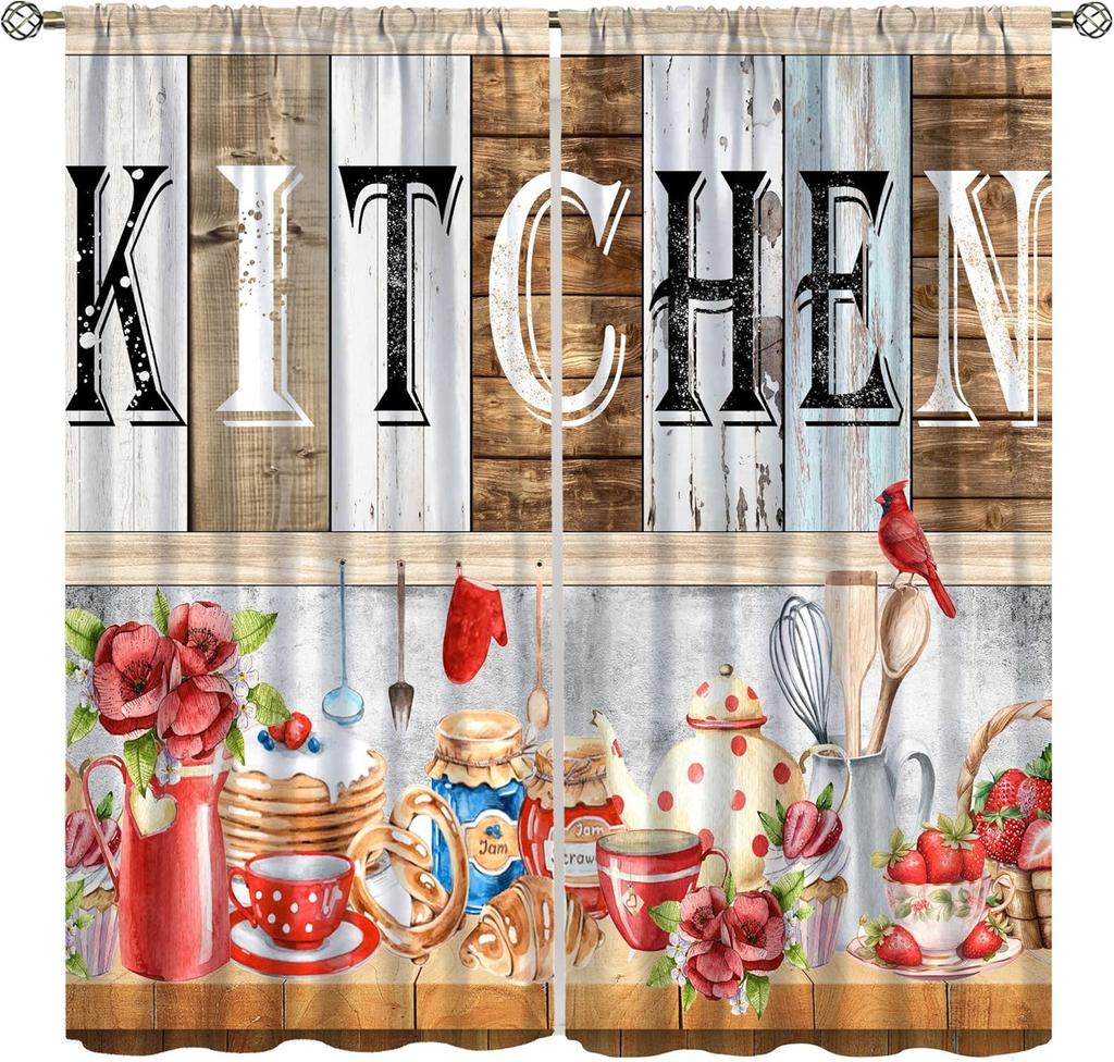 Chef Cooking Curtains For Kitchen,R Cartoon Rustic Vegetable Fruit Lattice Pastry Fat Chef Carrot Corn Gourmet Cookware Window