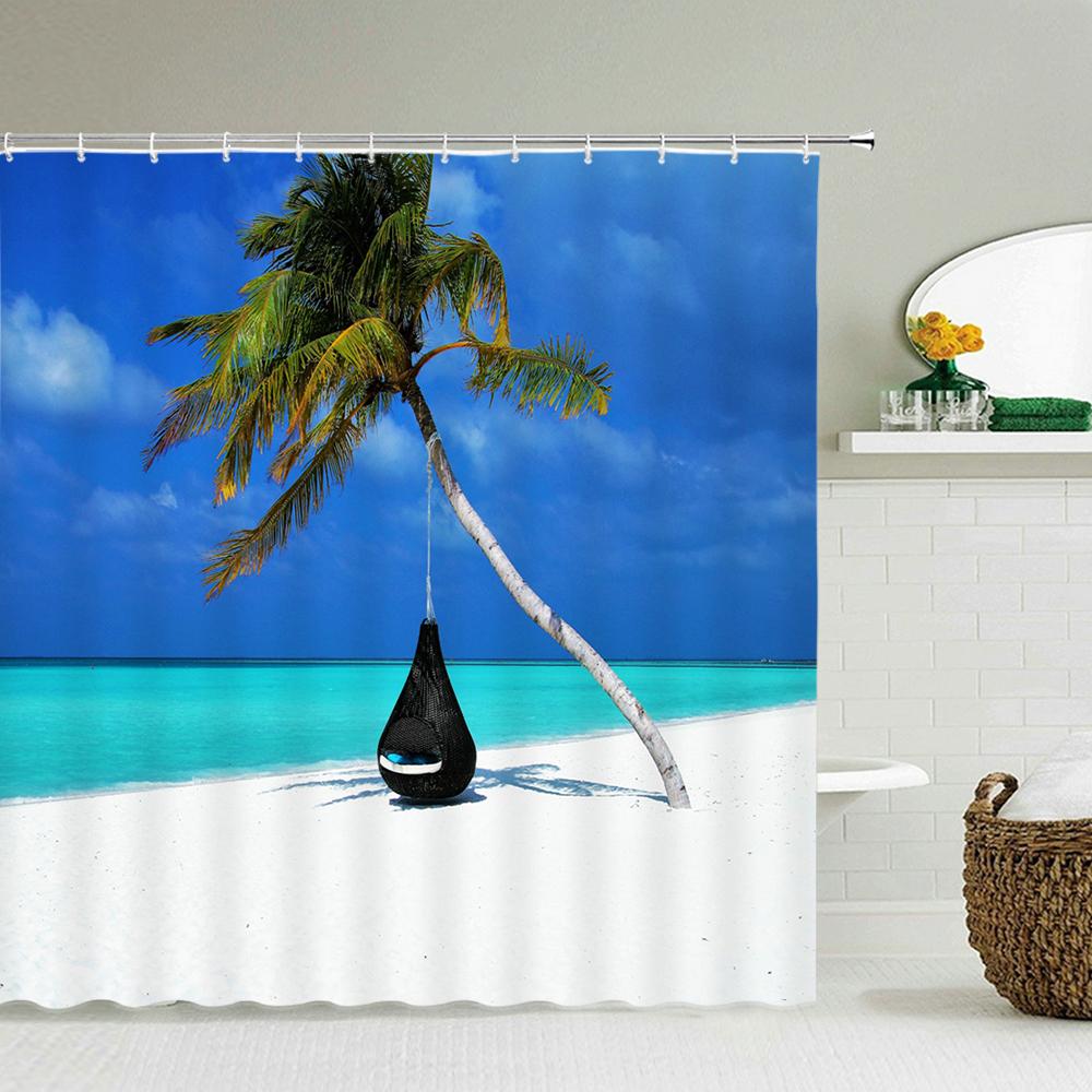 3d Beach Scenery Shower Curtains Sea Ocean Mediterranean Bathroom Curtain Waterproof Cloth Decoration 180*240cm Bath Curtain
