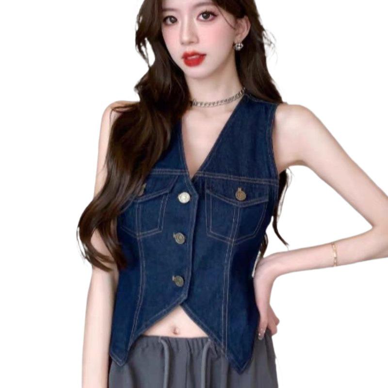 Hong Kong Retro Denim Vest Top - Women's Summer Sleeveless Slim Fit Cardigan