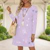 Women Plus Size Dark Purple Round Neck Long Sleeve Halloween Printed A Line Dress