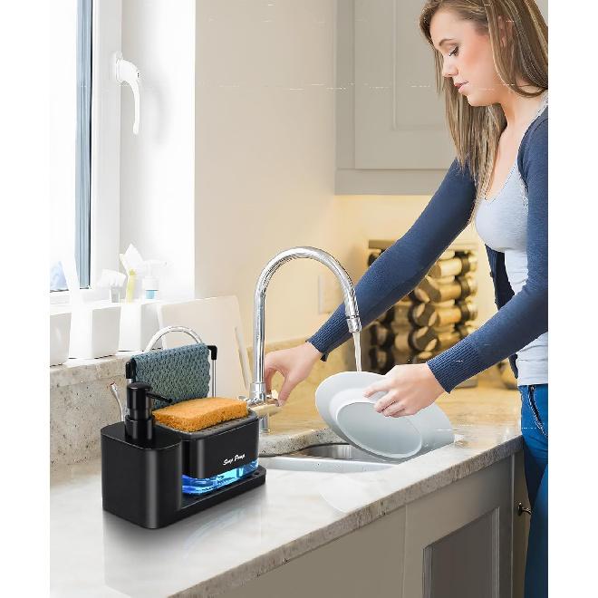 Hand and Dish Soap Dispenser Set with Tray, Dual Soap Dispenser with Sponge Holder and Dishcloth Holder 5-in-1 Organizer for Kitchen Sink Countertop