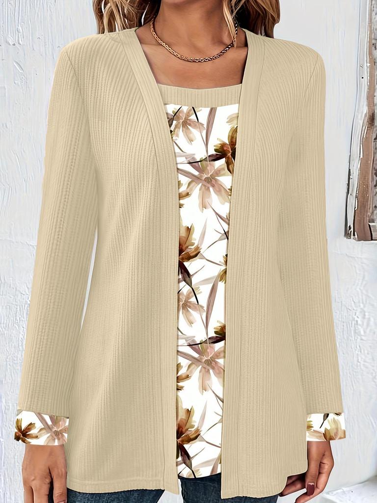 2024 Autumn-Winter Women's Solid Color Printed Patchwork Long Sleeve Fake Two-Piece T-Shirt